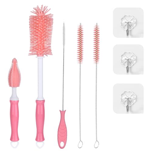 JAPUDA Silicone Cleaning Brush Kit – Household Cleaning Brushes for Bottles and Crevices – Food-Grade Silicone: Dishwasher Safe (Pink)