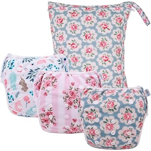 babygoal Reusable Swim Diapers with Wet Bag 4 Pack - Adjustable & Washable Water Diapers for 8M-3T Toddler Swimming Lessons-Flower Design