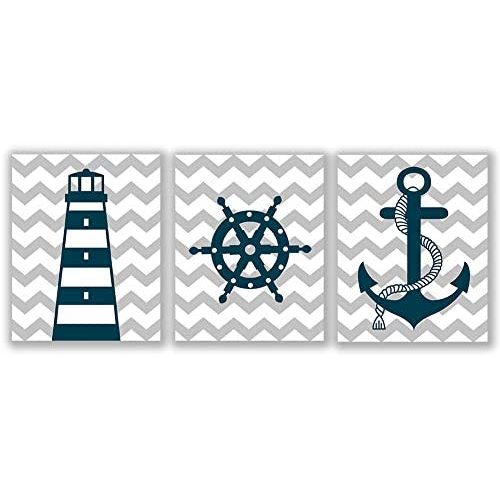 Blue Nautical Art Print Set Of 3 (8”X10”) Lighthouse Steering Wheel Anchor Navigation Print For Baby Boy, Nautical Themed Canvas Wall Art, No Frame
