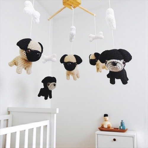 Black and Beige Pugs Puppy Crochet Baby Mobile, Dog baby mobile, Nursery decor, Dog crochet mobile, Pug baby mobile, Baby Shower Gift