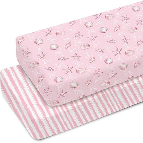 Pink Summer Conches Bows Sea Baby Crib Sheets for Girl 52x28Inch Ocean Seashells Striped Beach Soft Snug Fitted Crib Mattress Cover Boho Nautical Baby Sheet for Standard Crib & Toddler Mattress 2 Pack
