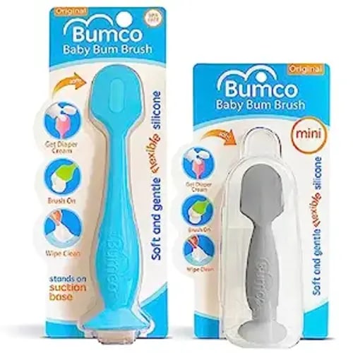 Bumco 2-PACK Diaper Cream Spatula - FULL-SIZE + MINI Baby Bum Brush with TRAVEL CASE - Diaper Cream Applicator for Baby - Baby Necessities - Suitable for Aquaphor, Desitin - Blue & Gray