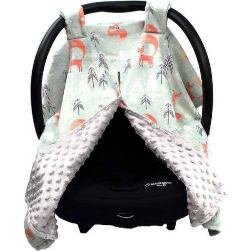 Dear Baby Gear - Baby Car Seat Canopy - Infant Car Seats Covers - Carseat Canopies for Boys and Girls - Toddler Carseat Cover with Snap Opening (Woodland Foxes and Pine Trees, Light Gray 40"x30")