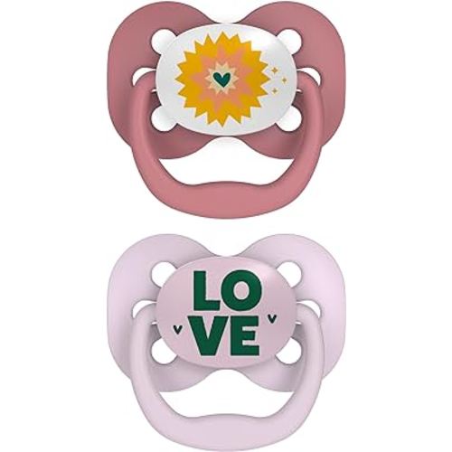 Dr. Brown's Advantage Baby Pacifier, Fully Symmetrical Soother with Soft Silicone Bulb, 0-6m, BPA Free, Lavender Love, 2 Pack (Style May Vary)