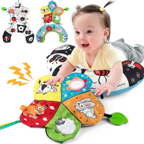 SYNARRY Tummy Time Pillow with Crinkle Mat & Teethers, High Contrast Montessori Toy for Crawling Infants 0-6 Months