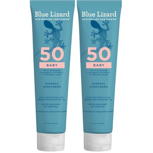 Blue Lizard BABY Mineral Sunscreen with Zinc Oxide,SPF 50+,Water Resistant,UVA/UVB Protection with Smart Cap Technology - Fragrance Free,5 oz. Tube,(Pack of 2)