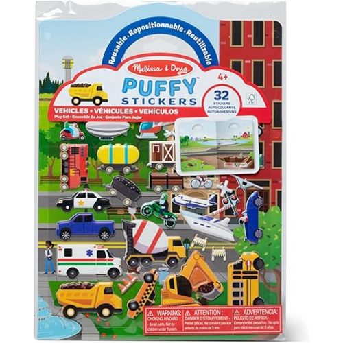 Melissa & Doug Vehicles Puffy Sticker Play Set Travel Toy with Double-Sided Background, 32 Reusable Puffy Stickers