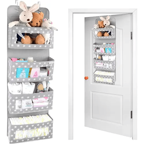 Vesta Baby Nursery Over Door Hanging Organizer with Metal Hooks | 4 Large Clear Window Pocket Storage for Kids Room, Bathroom, Closet | Gray Star Fabric Caddy for Diapers, Toys, Cosmetics, Clothes