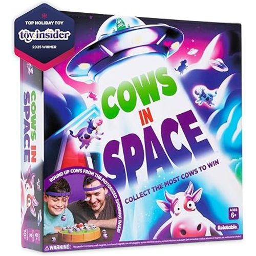 WHAT DO YOU MEME? Cows in Space by Relatable – A Kid-Friendly Pick for 2 Player Kids Games, and Fun Games – Includes 2 UFO Headbands, 1 Electronic Spinning Base, 21 Cows, and Instructions