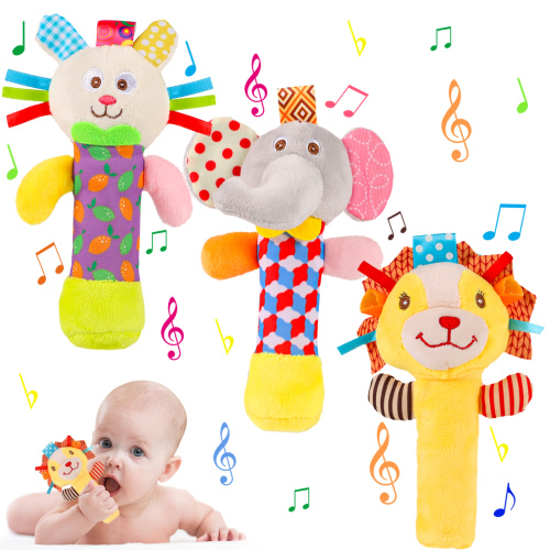 sixwipe 3 Pcs Baby Soft Rattles Toys, Baby Sensory Rattle Toys, Plush Animal Rattle Toys, Infant Squeak Sound Sensory Toys for 0-6 Months Newborn