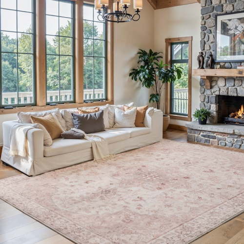 CHITOOMA 8'x10' Machine-washable Area Rugs for Living Room, Boho Floral Area Rugs with Non-Slip Backing, Stain Resistant Non-Shed Carpet for Bedroom, Dining Room, Dorm, Office