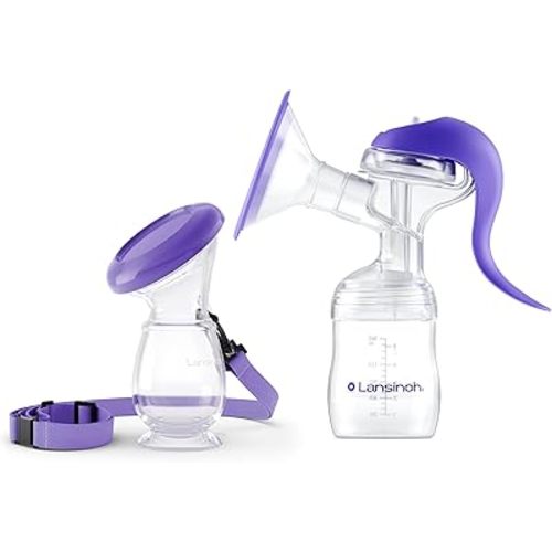 Lansinoh Manual Breast Pump and Silicone Breast Pump Bundle for Breastfeeding Moms