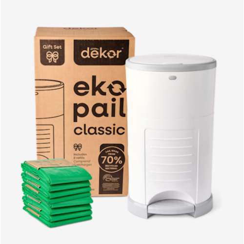 Diaper Dekor Classic Hands-Free Diaper Pail Gift Set | Just Step–Drop–Done | Doesn’t Absorb Odors | Includes 1yr of Refills | Quick Bag Change | 70% Recycled Materials | EKO White