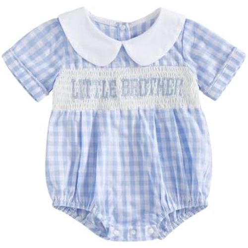 Infant Boy Short Sleeve Smocked Romper Babydoll Collar Embroidery Letter Bubble Bodysuit Newborn Baby Summer Clothes