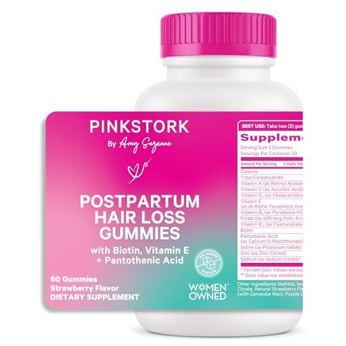 Pink Stork Postpartum Hair Loss Gummies - Biotin with Vitamin E, Pantothenic Acid, B6 & B12 for Beautiful & Strong Hair, Skin, and Nails - Postpartum Essentials for New Moms - 60 Gummy Vitamins