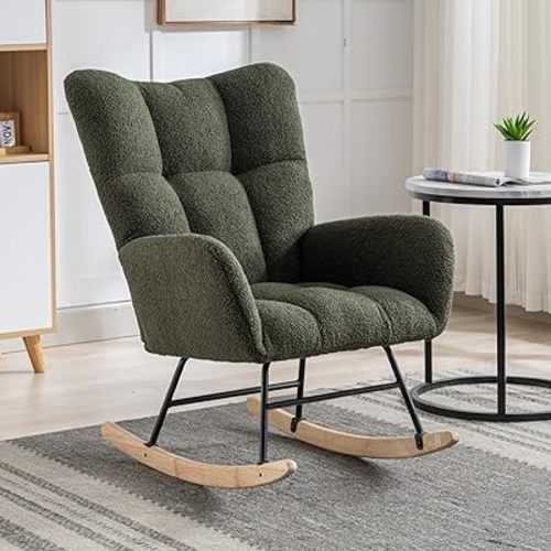 Nursery Rocking Chair Teddy Upholstered Glider Rocker Rocking Accent Chair with High Backrest Armchair Comfy Side Pocket Chair for Living Room, Bedroom, Offices (Dark Green)