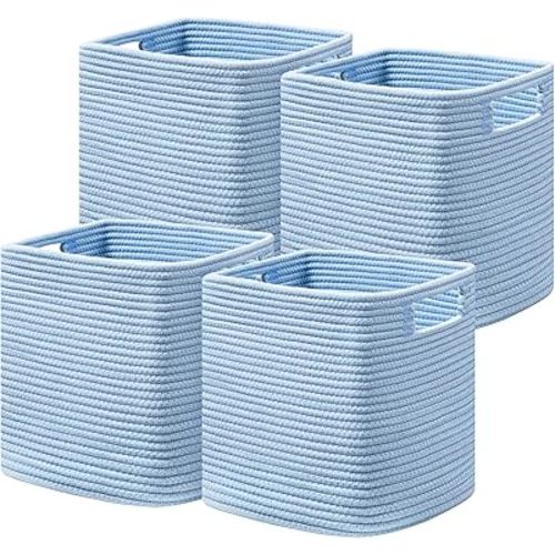 UBBCARE Storage Cubes 11 Inch, Cotton Rope Woven Baskets for Organizing, Cube Storage Bin for Baby Nursery, 4-Pack Square Toy Storage Baskets for Shleves Organizer, Closet, Kidsroom, Blue