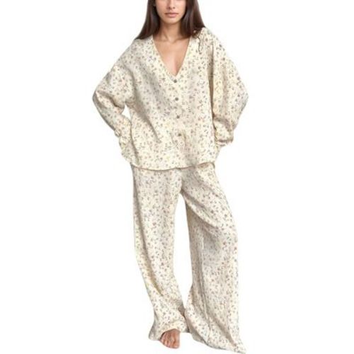 Anna-Kaci Lounge Women's Floral Print Woven Pajama Set with V-Neck Button Down Top and Wide Leg Elastic Waist Pants - Small, Light Beige