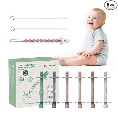 6-Pack Silicone Teething Tubes for Babies 6-12 Months, BPA-Free Non-Choking Teether Sticks Toys, Teething Relief Chew Straws for Infants & Toddlers, Baby Gifts (Sand Clay DustyRose Brown Green Blue)