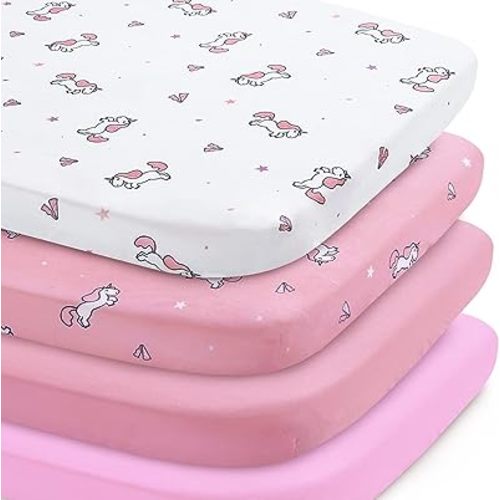 Bassinet Sheet 4 Pack for Baby Girls, Bassinet Sheets Universal Fit for Rectangle, Oval, Hourglass Bassinet Pad/Mattress, Stretchy Bassinet Sheets, Pink Print