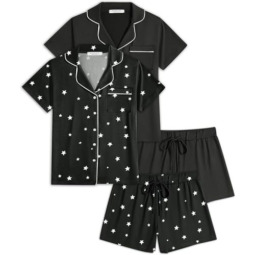 Ekouaer 2 Pack Womens Pajamas Set Button Down Summer Sleepwear Short Sleeve Comfy Pjs Loungewear Set