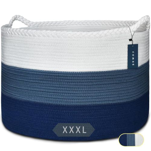 COMSE Extra Large Blanket Basket, Woven Laundry Basket, 21.7”x 13.8”, Nursery Hamper, Cotton Rope Laundry Hamper Living Room for Storage Toys Clothes Towels (White & Cadet Blue & Navy Blue)
