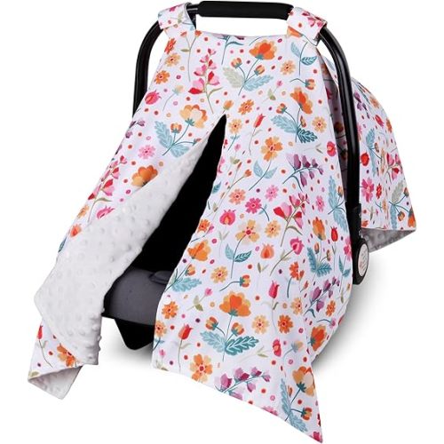 Metplus 2 in 1 Flowers Baby Car Seat Cover, Car Seat Canopy for Babies, Mom Multiuse Nursing Cover, Minky Baby Carrier Covers, Newborn Boy Girl, Peekaboo Opening