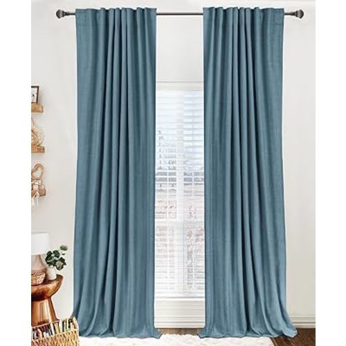 100% Blackout Shield Linen Blackout Curtains for Bedroom 84 Inches Long, Back Tab/Rod Pocket Living Room Drapes, Thermal Insulated Blackout Curtains 2 Panels Set, 50" W x 84" L, Stone Blue