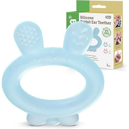 Haakaa Silicone Baby Teether - Rabbit Ear Frozen Teething Toy for Babies 3-6 Months- Cold Teething Relief - BPA Free Silicone -Blue