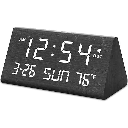DreamSky Digital Alarm Clocks for Bedrooms - Wooden Desk Clock with Date, Day of Week, USB Port, Temperature, Dimmer for Bedside Table, Living Room, Office, Adjustable Volume, Auto DST, Wood Decor