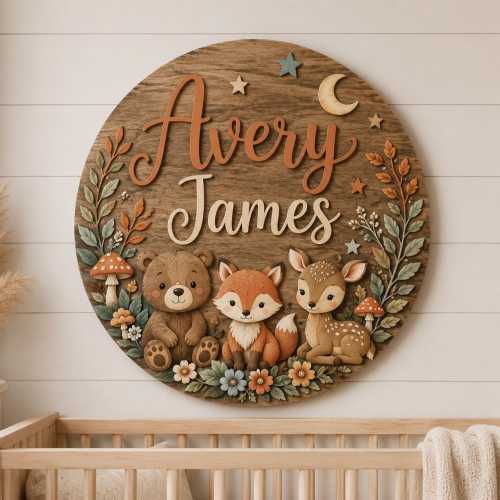 Personalized Name Sign for Nursery, Woodland Animal Wooden Wall Decor, Custom Baby Name Sign, Forest Baby Room Decor, Baby Shower Gift