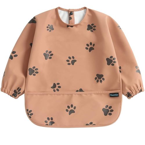 PewinGo Weaning Bib with Long Sleeves & BLW, Soft and Skin-Friendly Material, Coverall Bibs for Baby Feeding, Waterproof and Easy to Clean & Machine Washable, for Baby Infant Toddlers (Orange)