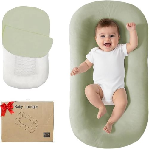 Lucakuins Baby Lounger, Bionic Design Baby Lounger for Newborn 0-24 Months, Soft Organic Cotton Breathable Lounger for Infants (Apricot Baby Lounger)