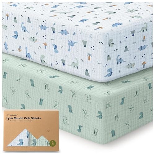 KeaBabies 2-Pack Muslin Crib Sheets for Boys, Girls - 100% Organic Cotton Fitted Baby Crib Mattress Sheet, Soft Breathable Standard Toddler Bed Cover Bedding Set, Neutral, Durable 52x28 (Dino Park)