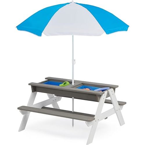 SoliWood Kids 3 in 1 Convertitable Sand and Water Table with Umbrella, Picnic Table for Outdoor Backyard Patio Play