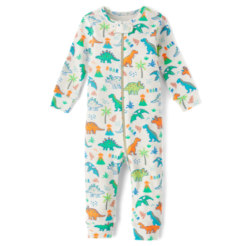 Baby And Toddler Boys Dino Snug Fit Cotton Footed One Piece Pajamas - Tan
