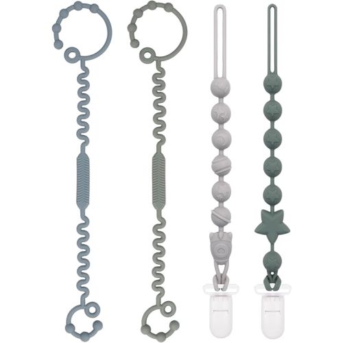 Babygoal Silicone Pacifier Clips 4 Pack,2pcs Pacifier Holder Clip with 2pcs Toy Strap Chain for Baby Boy Girl Fits All Pacifier,Binky,Teething Toys,Highchairs,Car Seat,Strollers-Neutral Color