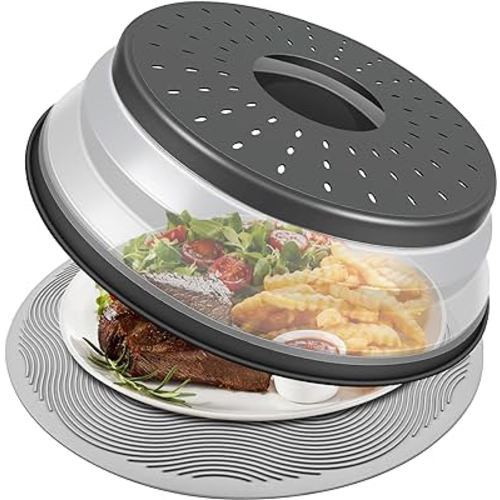 10 Inch Microwave Food Cover & Collapsible Silicone Mat - Splatter Guard, Plate Holder & Kitchen Colander for Meal Prep, Charcoal