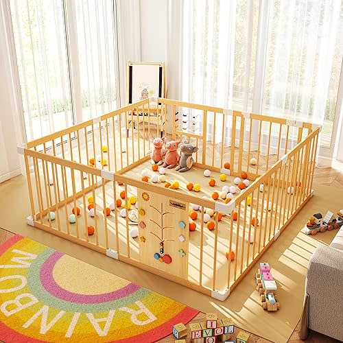 Xilingol Wooden Baby Playpen with Locking Gate, Extra Large Playpen for Babies and Toddlers, Size Adjustable Activity Center for Children, Indoor Wooden Play Pen, Play Fence 63” × 63”× 24”