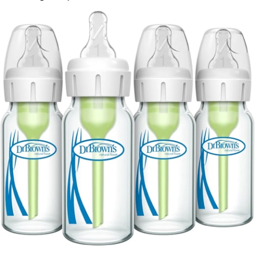 Dr. Brown's Natural Flow Anti-Colic Options+ Narrow Glass Baby Bottle 4 oz/120 mL, with Level 1 Slow Flow Nipple, 4 Pack, 0m+