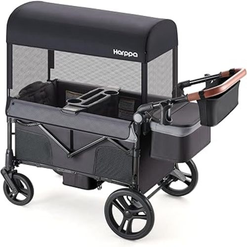 HARPPA Remy Foldable Wagon for Two Kids, 2 Seater Stroller Wagon, 180lbs max, UPF50+ Canopy & Mosquito Net, 8''/12'' All-Terrain Wheels, Dark Grey
