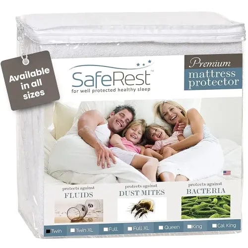 SafeRest Waterproof Twin Size Mattress Protector - Fitted with Stretchable Pockets - Machine Washable Cotton Mattress Cover for Bed