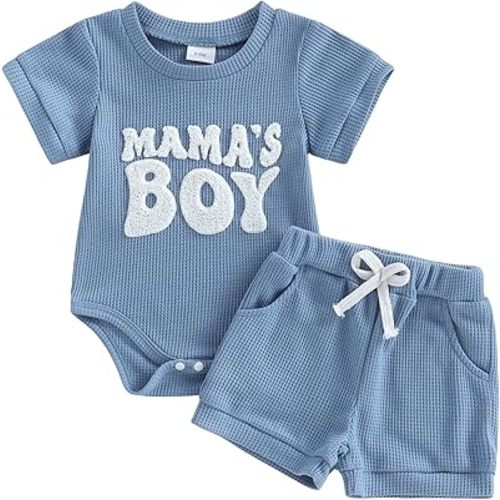 Amiblvowa Newborn 0 3 6 9 12 Months Baby Boy Summer Clothes Letter Print Romper Short Sets Waffle Knit 2 Piece Infant Outfits