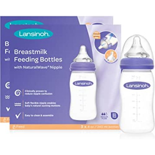 Lansinoh Baby Bottles for Breastfeeding Babies, 8 Ounces, 6 Count, Includes 6 Medium Flow Nipples (Size 3M)