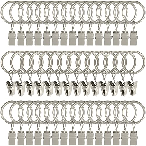 AMZSEVEN 44 Pack Metal Curtain Rings with Clips, Drapery Clips with Rings, Drapes Rings 1 in I D, Fits Diameter 6/8 in Curtain Rod, Matte Silver