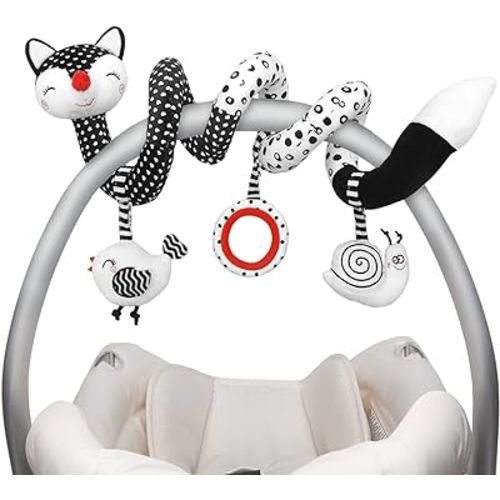 Euyecety Baby Spiral Plush Toys, Black White Stroller Toy Stretch & Spiral Activity Toy Car Seat Toys, Hanging Rattle Toys for Crib Mobile, Newborn Sensory Toy Best Gift for 0 3 6 9 12 Months Baby-Fox