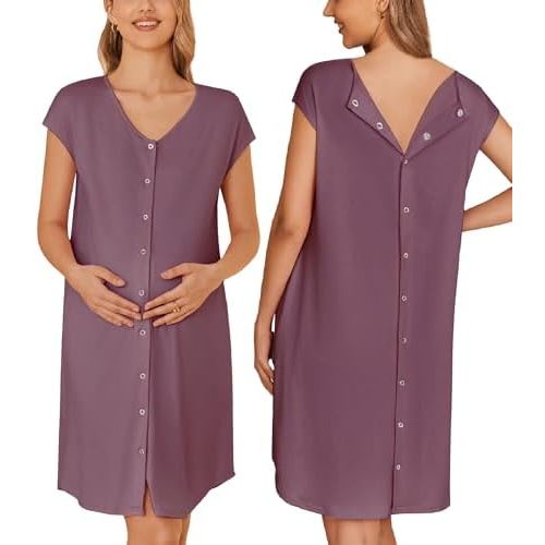 Ekouaer Labor/Delivery/Hospital Gown Nursing Nightgown Maternity Sleepwear With Pockets Postpartum Gowns with Button S-XXL