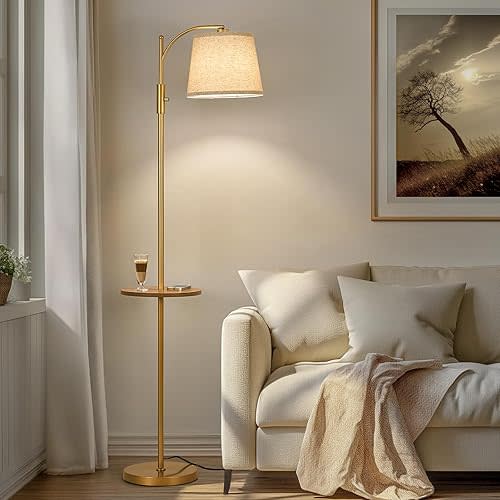 AIDENOEY Fully Dimmable Floor Lamp for Living Room,Standing Lamp Rotary Switch with Table&Linen Beige Shade,Golden Tall Lamps for Bedroom with Adjust Head,9W LED Bulb Included