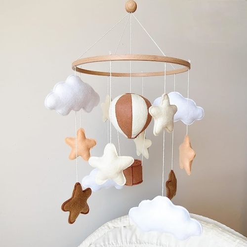 Neutral Crib Mobile Hot Air Balloon Baby Mobile for Crib Stars and Clouds Mobile Neutral Nursery Décor - Beige