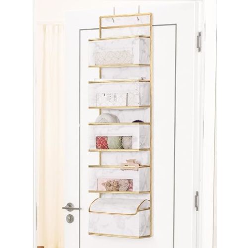 Over Door Hanging Organizer - Door Mount Closet Organizer 5-Shelf, Back of Door Bathroom Organizer with Clear Window, Storage Bag for Baby Nursery/Pantry/Bedroom/Make up (White Marble)